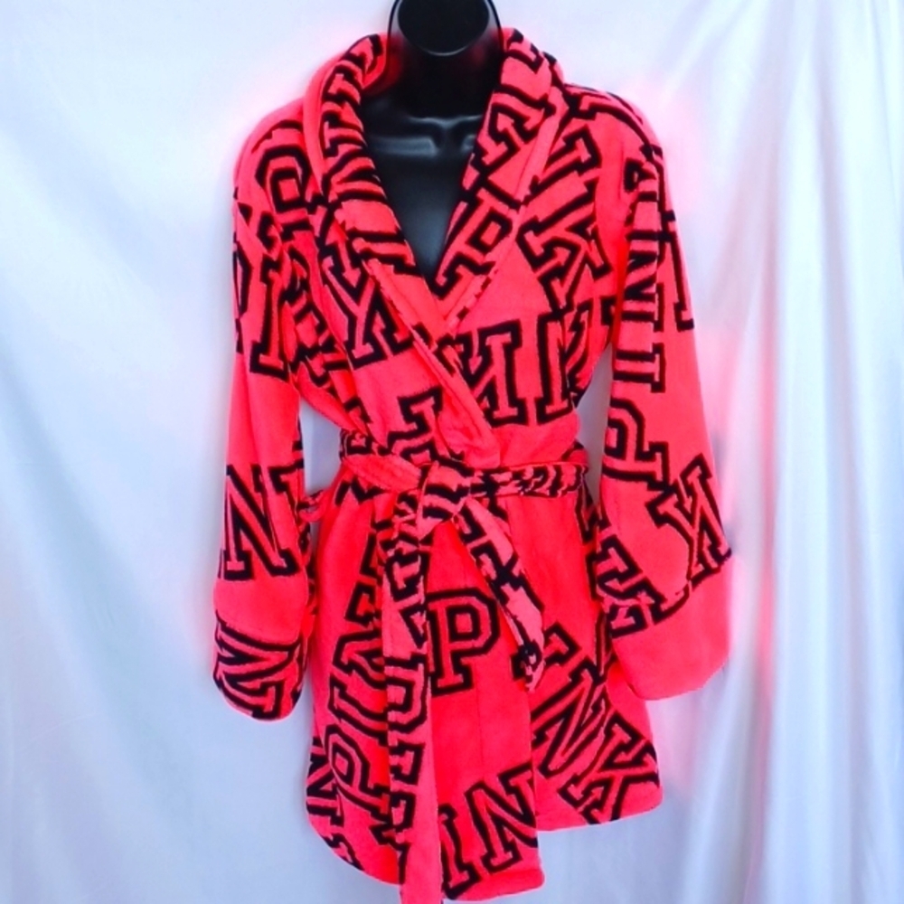 Victoria's Secret XS S Neon Pink Black Plush Cozy Spa Bathrobe Robe